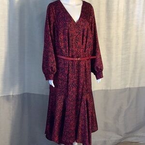 Vince Camuto Plus Sz 2X Red Navy Long Sleeve Asymmetric Hem Belted Wrap Dress